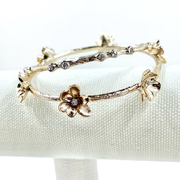 Set of 2 - Shiny Textured Gold Tone Flower & Jeweled Bangle Bracelets - Picture 3 of 7